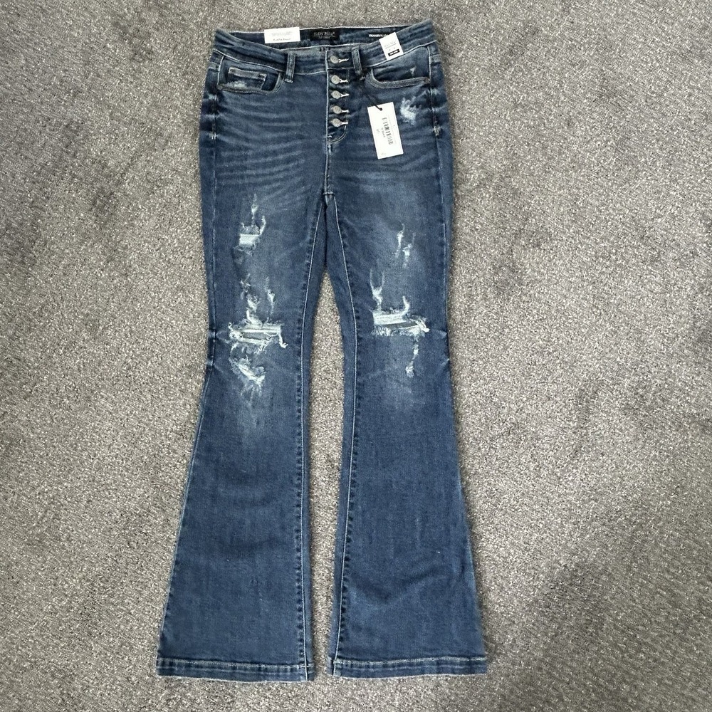 *NWT* Judy Blue Trouser Flare Jeans -Womens 9/29- Mid-Rise Button-Fly Distressed